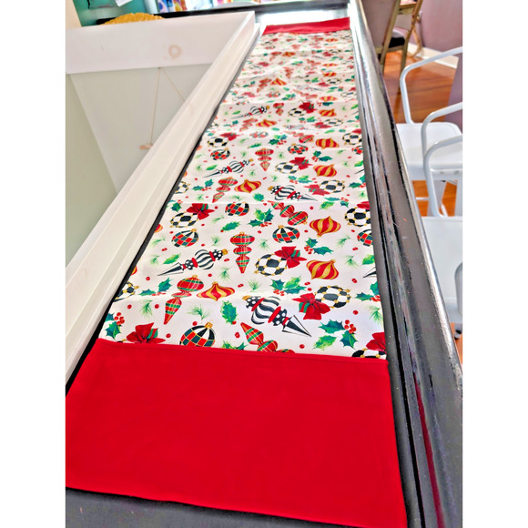 MacKenzie-Childs Deck the Halls Table Runner 72 x 14 Christmas Ornaments Red - Picture 4 of 5